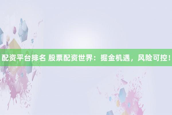 配资平台排名 股票配资世界：掘金机遇，风险可控！